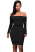 Black Off Shoulder Mesh Insert Long Sleeves Dress